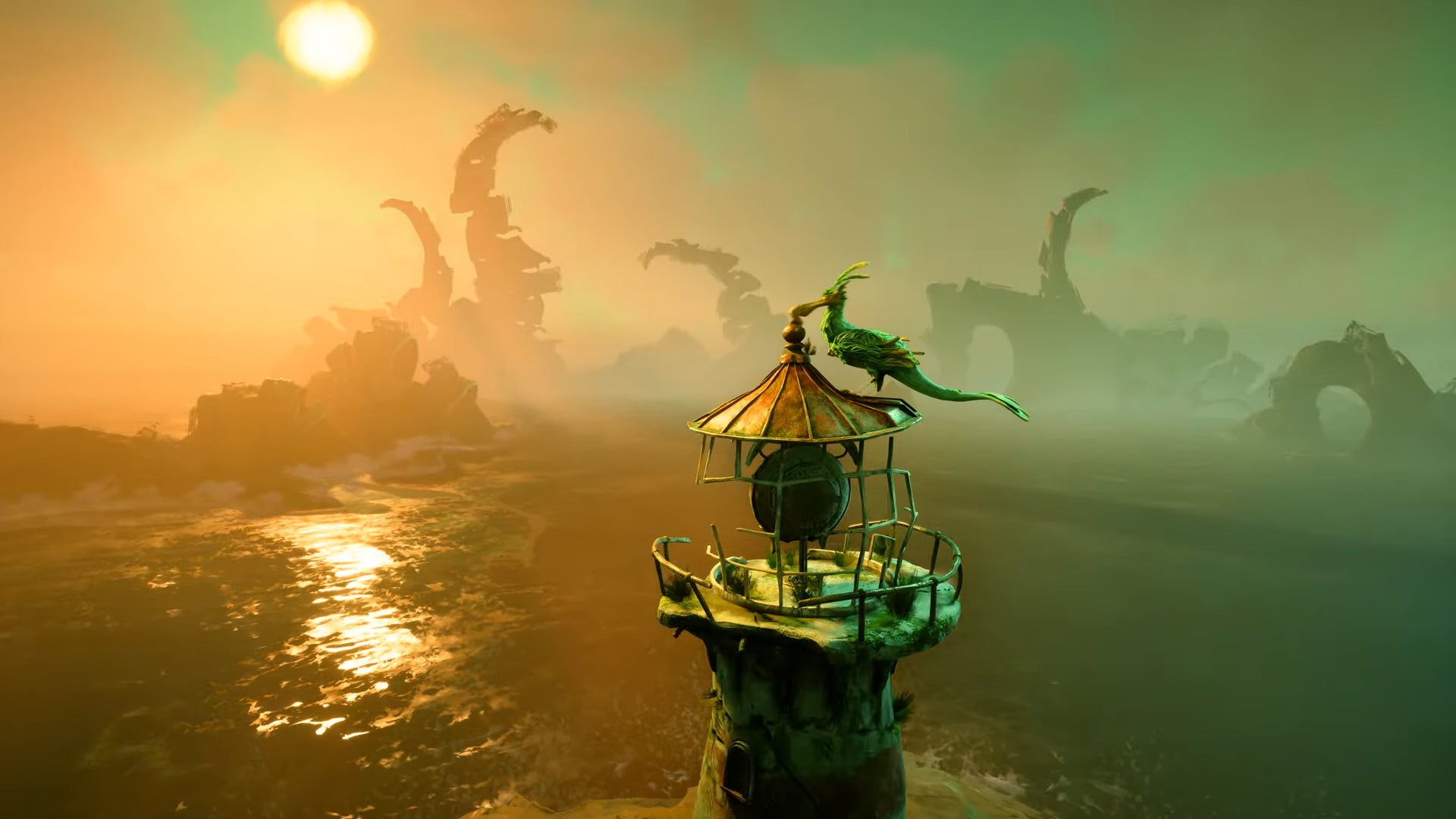 A still image from Double Fine’s Keeper. A strange, teal bird perches upon a gnarled lighthouse.