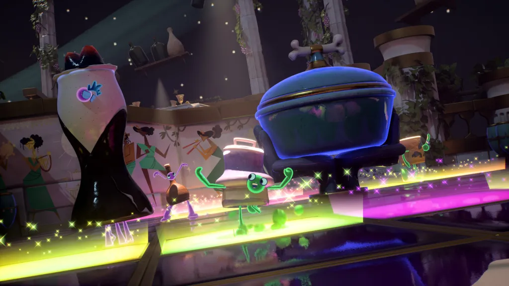 A still image from Double Fine’s Kiln. Some anthropomorphic clay pots are dancing on a retro disco floor.